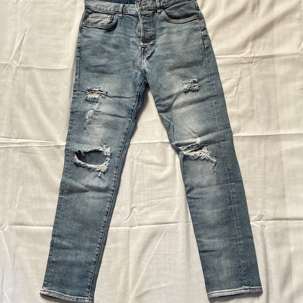 H&M &Demin Men’s Skinny Blue Wash Ripped Jeans Relaxed Skinny Tapered Leg 30x30